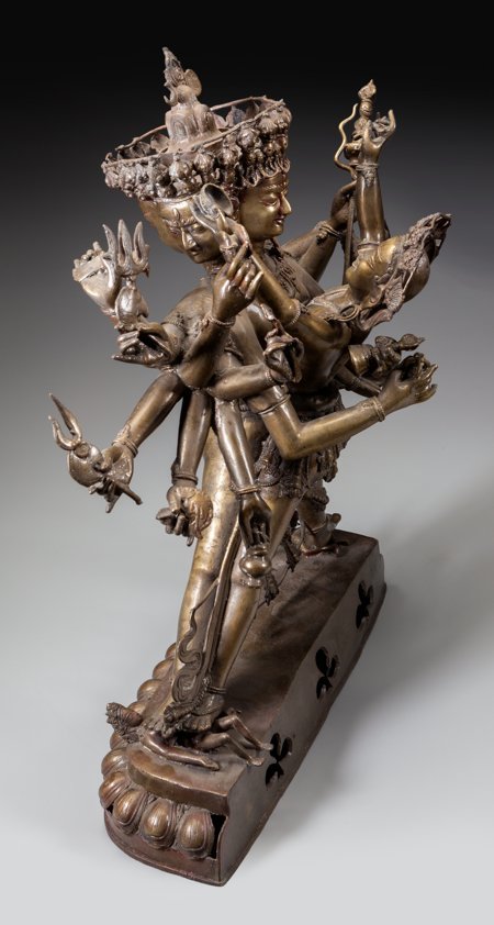 A Large Nepalese Bronze Mukhalinga Tantric Figur: A Large Nepalese Bronze Mukhalinga Tantric Figure of Shiva, 28 h x 21 w x 7-1/2 d inches (7