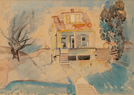 William Sommer (American, 1867-1949) House Betwe: William Sommer (American, 1867-1949)House Between Trees, 1934Watercolor on
