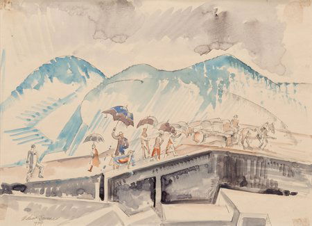 William Sommer (American, 1867-1949) A Rainy Wal: William Sommer (American, 1867-1949)A Rainy Walk, 1934Watercolor on paper