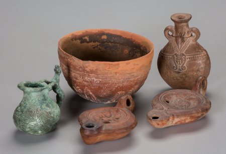 Three Roman Oil Vessels, Egyptian-Roman Vessel, : Three Roman Oil Vessels, Egyptian-Roman Vessel, and Megarian Bowl, 3rd century BC and later