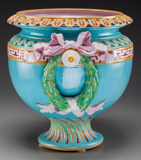 An English Minton-Style Majolica Planter, late 1: An English Minton-Style Majolica Planter, late 19th century 15 inches high x 15-1/2 inches
