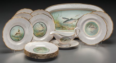 A Fifteen-Piece Spode Painted Porcelain Service : A Fifteen-Piece Spode Painted Porcelain Service with Fish Motif, Stoke-on-Trent, Staffordshire