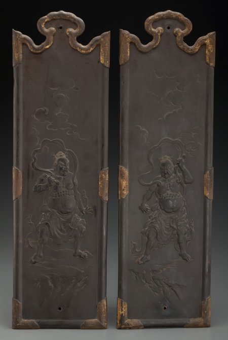 A Pair of Japanese Bronze Hanging Panels: Buddhi: A Pair of Japanese Bronze Hanging Panels: Buddhist Heavenly Kings