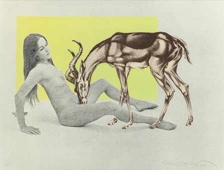 Mel Ramos (American, b. 1935) Girl with Antelope: Mel Ramos (American, b. 1935)Girl with Antelope, 1969Lithograph on silver f