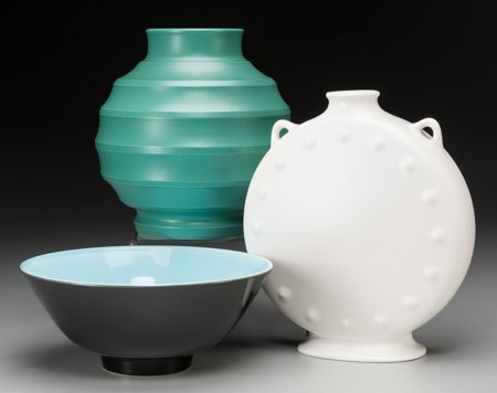 A Wedgwood Pilgrim Flask Vase and Bowl designed: A Wedgwood Pilgrim Flask Vase and Bowl designed by Norman Wilson with Moonstone Vase designed by Keith