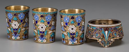 Three Sergey Shaposhnikov Russian Gilt Silver an: Three Sergey Shaposhnikov Russian Gilt Silver and Cloisonne Cups with Associated Salt