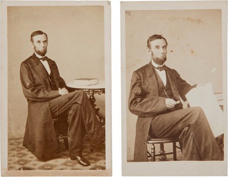 Abraham Lincoln: "Studious" Images. Pair of cart: Abraham Lincoln: "Studious" Images. Pair of cartes-de-visite showing Lincoln posed with a