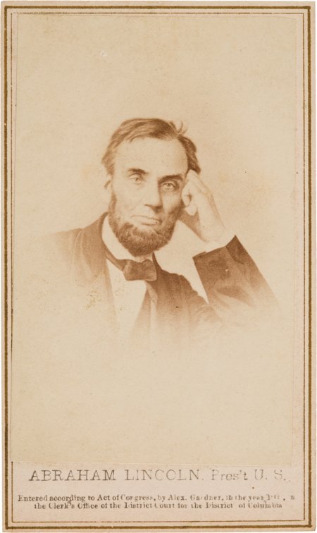 Abraham Lincoln: Pensive Pose Carte-de-Visite. O: Abraham Lincoln: Pensive Pose Carte-de-Visite. O-74 (vignette), taken by Alexander Gardne