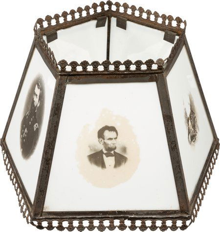 Abraham Lincoln et al: Milk Glass Photographic L: Abraham Lincoln et al: Milk Glass Photographic Lamp Shade. Most unusual five-sided tin la