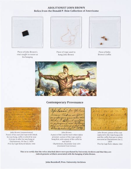 John Brown: Display of Relics. 8.5" x 11" displa: John Brown: Display of Relics. 8.5" x 11" display containing three relics related to the