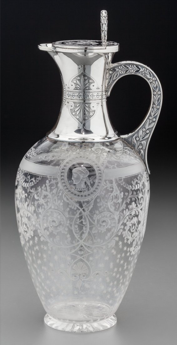 A William & George Sissons Silver and Intaglio G: A William & George Sissons Silver and Intaglio Glass Claret Jug with Neoclassical Motif, 