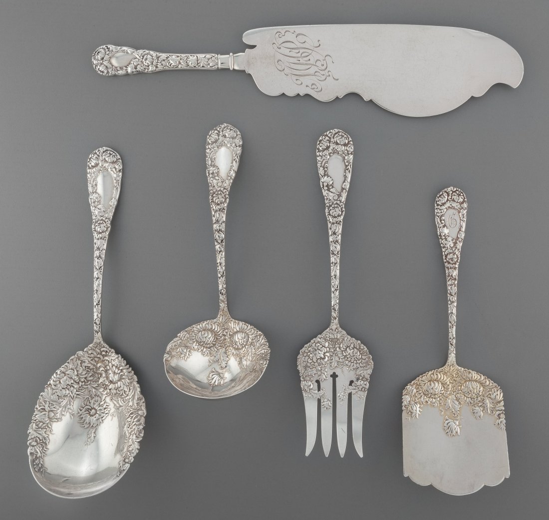 Five Durgin Chrysanthemum Pattern Silver Serving (1 of 3)