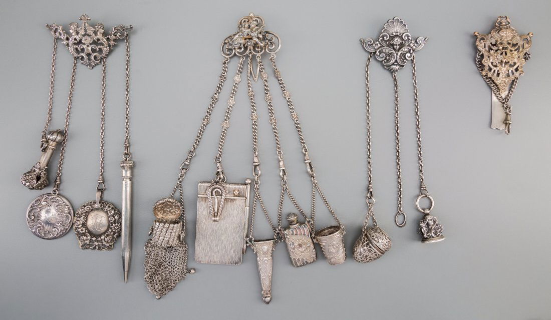 Four American Silver Chatelaines with Accoutreme: Four American Silver Chatelaines with Accoutrements, late 19th centuryMarks: (various
