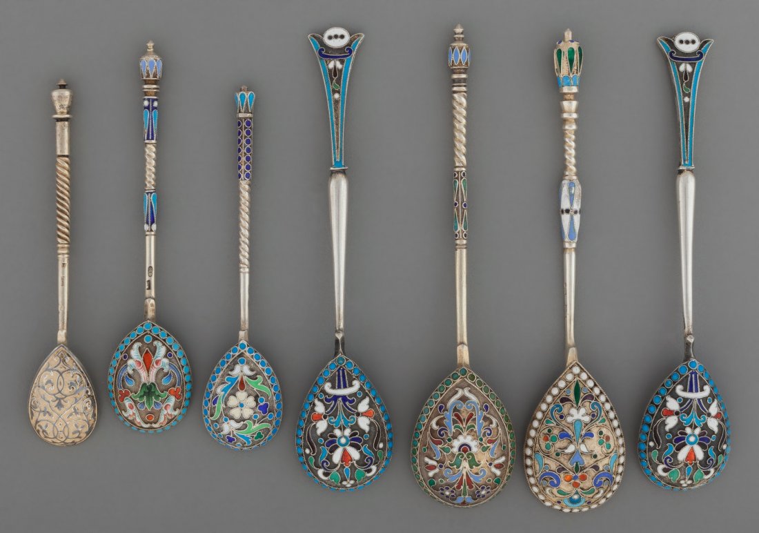 A Group of Seven Russian Silver and Enamel Spoon (1 of 3)