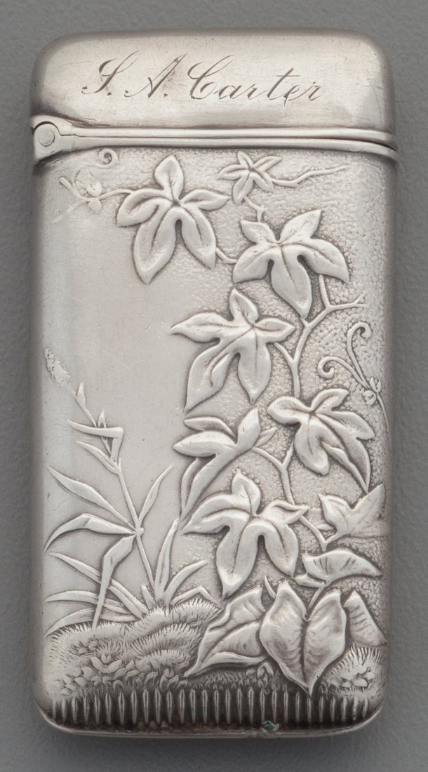 A Wood & Hughes Silver Match Safe with Stag Moti: A Wood & Hughes Silver Match Safe with Stag Motif, New York, New York, circa 1889 Mark