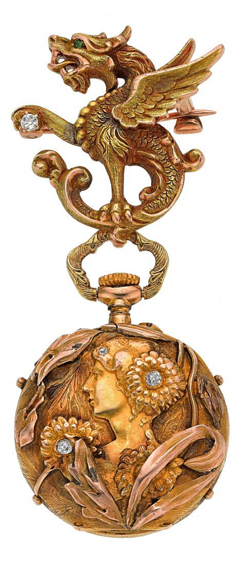 Swiss Gold Art Nouveau Pendant Watch With Pin, c (1 of 3)