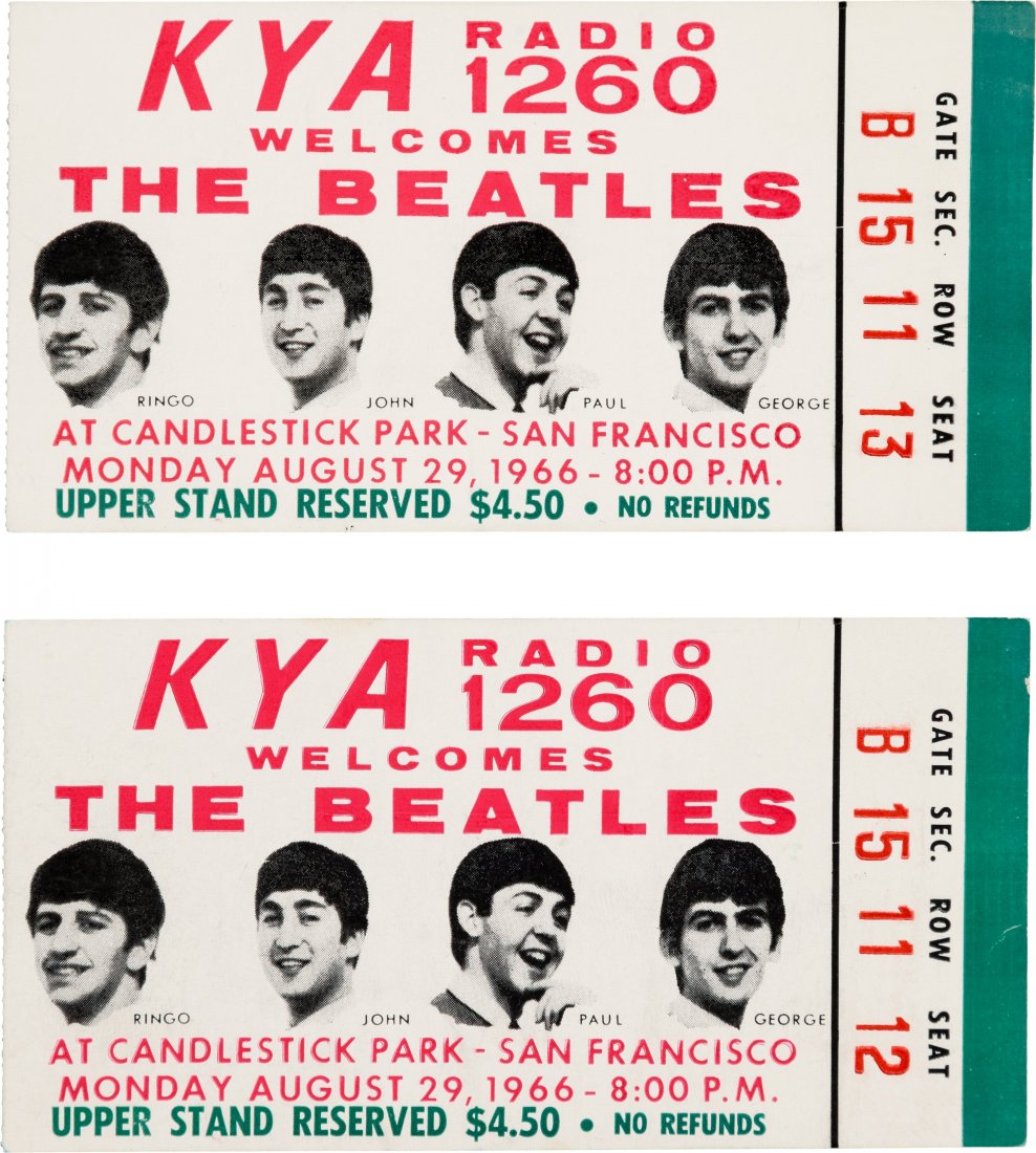 Beatles - Pair of Candlestick Park Concert Ticke: Beatles - Pair of Candlestick Park Concert Ticket Stubs (1966). "KYA Radio 1260 Welcomes