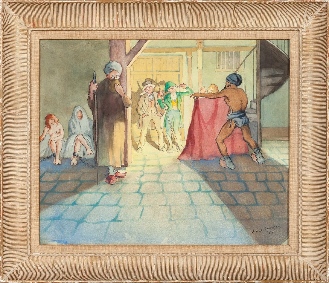 A Lionel Barrymore Watercolor Painting, 1953. Re: A Lionel Barrymore Watercolor Painting, 1953. Rendered on canvas, depicting a Middle East