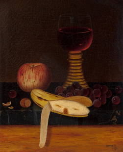 William Michael Harnett (American, 1848-1892) Ta: William Michael Harnett (American, 1848-1892)Tabletop Still Life with Fruit and Wine, 1876Oil on canvas12 x 10 inches (30.5 x 25.4 cm)Signed and dated lower right: WMHarnett / 1876