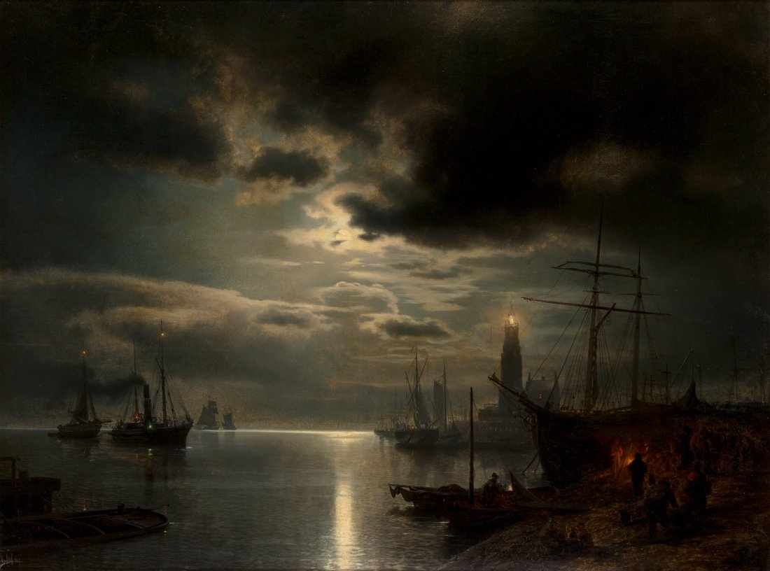 Hermann Ottomar Herzog (American, 1832-1932) A : Hermann Ottomar Herzog (American, 1832-1932) A Moonlit Harbor, 1867 Oil on c