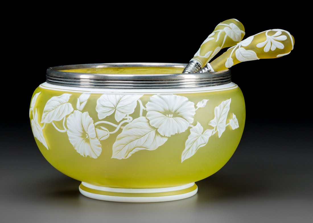Three-Piece Webb & Sons Yellow Cameo Glass Fruit: Three-Piece Webb & Sons Yellow Cameo Glass Fruit Serving Set with Gorham Silver MountsCirc