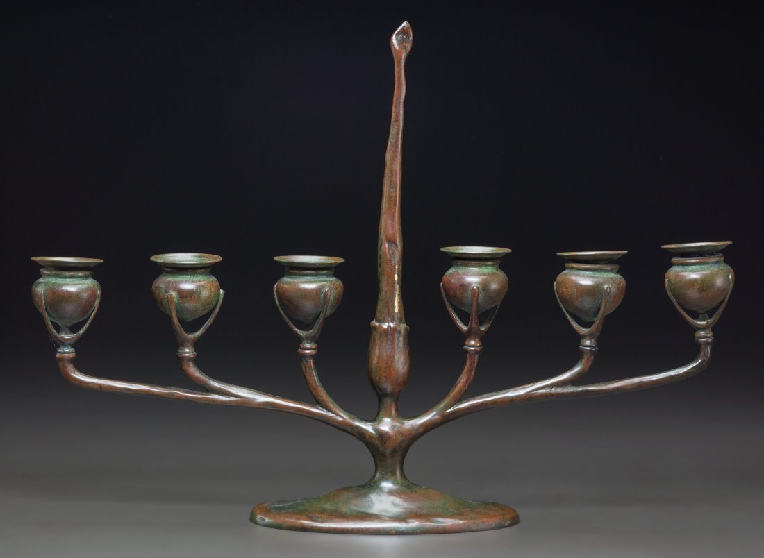 Tiffany Studios Bronze Six-Light Candelabrum Inc: Tiffany Studios Bronze Six-Light Candelabrum Includes original bobeche and integrated snuff