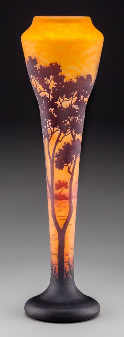 Large Daum Overlay and Mottled Glass Landscape V: Large Daum Overlay and Mottled Glass Landscape Vase Circa 1900. Engraved Daum, Nancy,