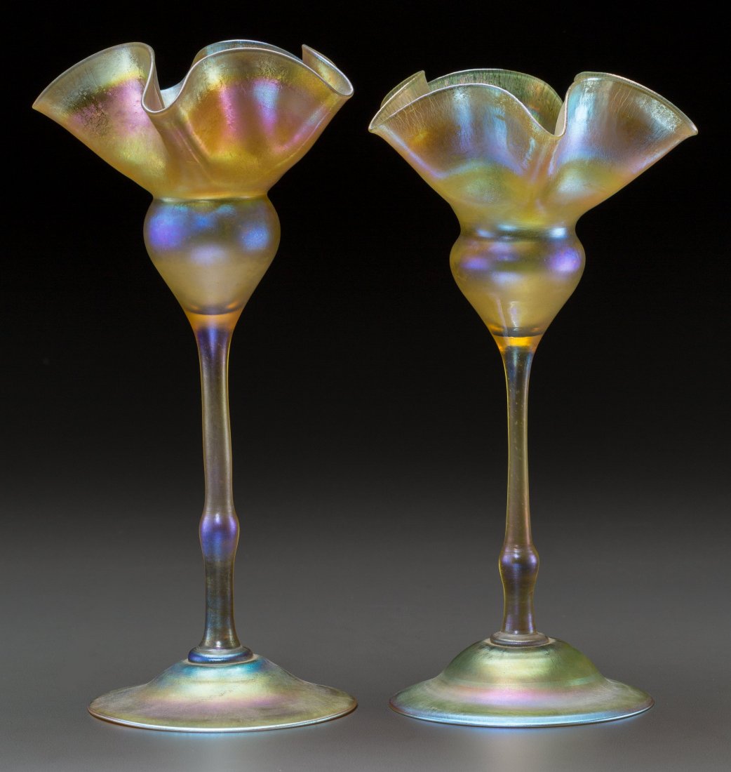 Two Tiffany Studios Gold Favrile Glass Floriform: Two Tiffany Studios Gold Favrile Glass Floriform Vases Circa 1906. Engraved L.C.T., 2221