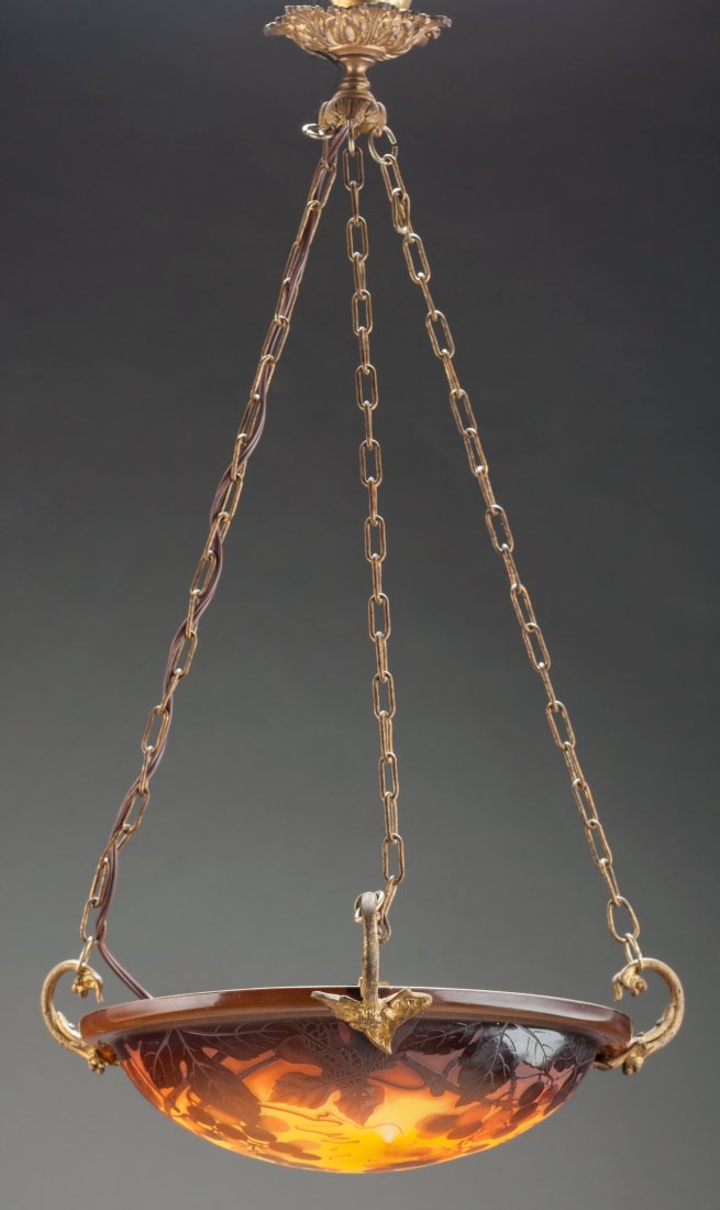 D'Argental Overlay Glass and Gilt Metal Grapevin: D'Argental Overlay Glass and Gilt Metal Grapevine Lighting Fixture Circa 1910. Cameo D'A