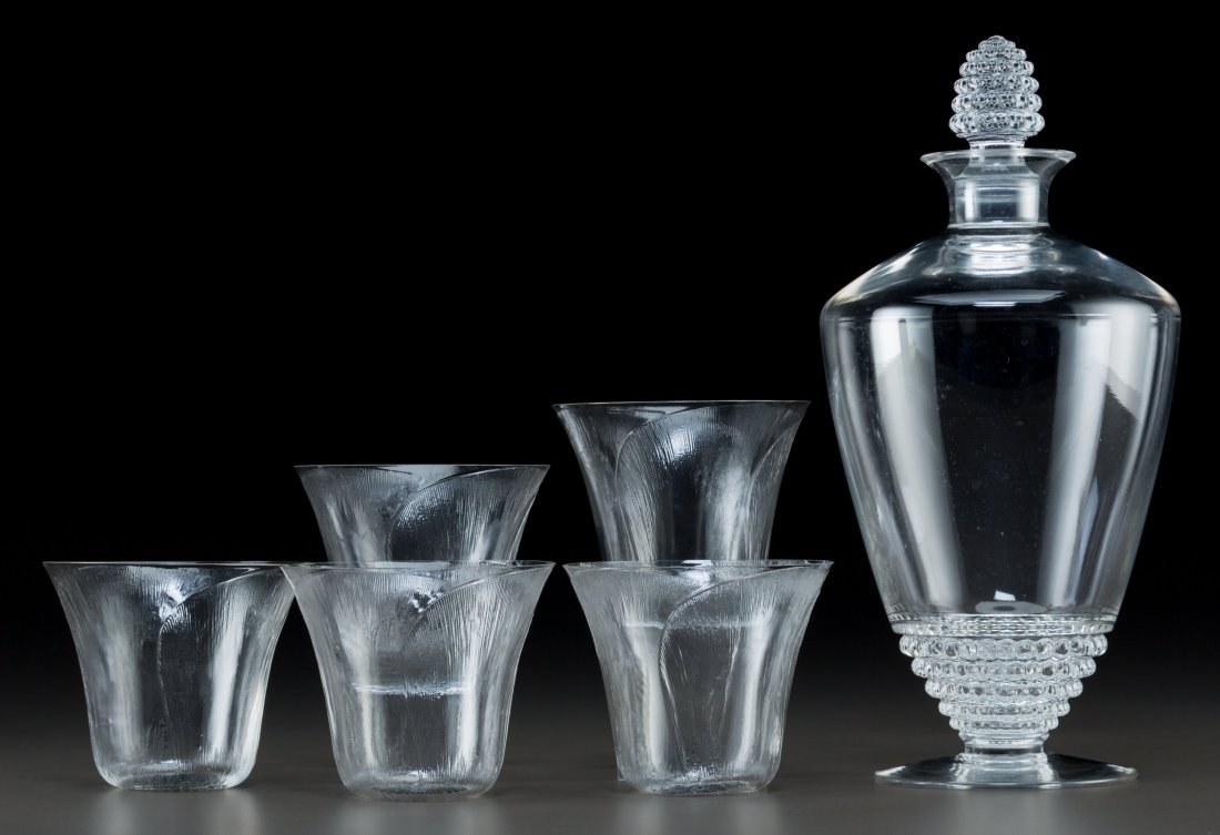 Six-Piece R. Lalique Clear Glass Pavot and Nippo: Six-Piece R. Lalique Clear Glass Pavot and 