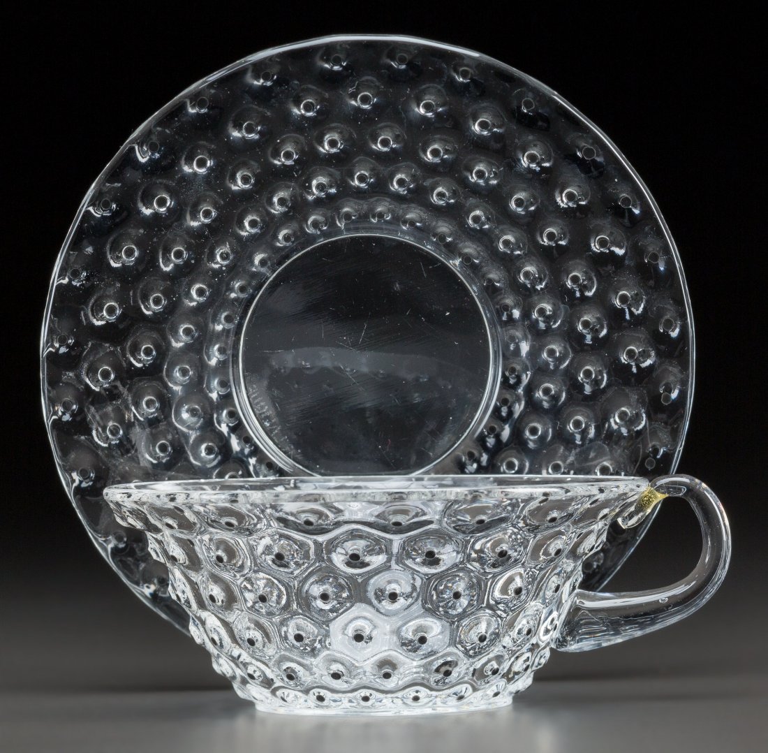R. Lalique Clear and Black Enameled Glass Cactus: R. Lalique Clear and Black Enameled Glass Cactus Cup and Sa