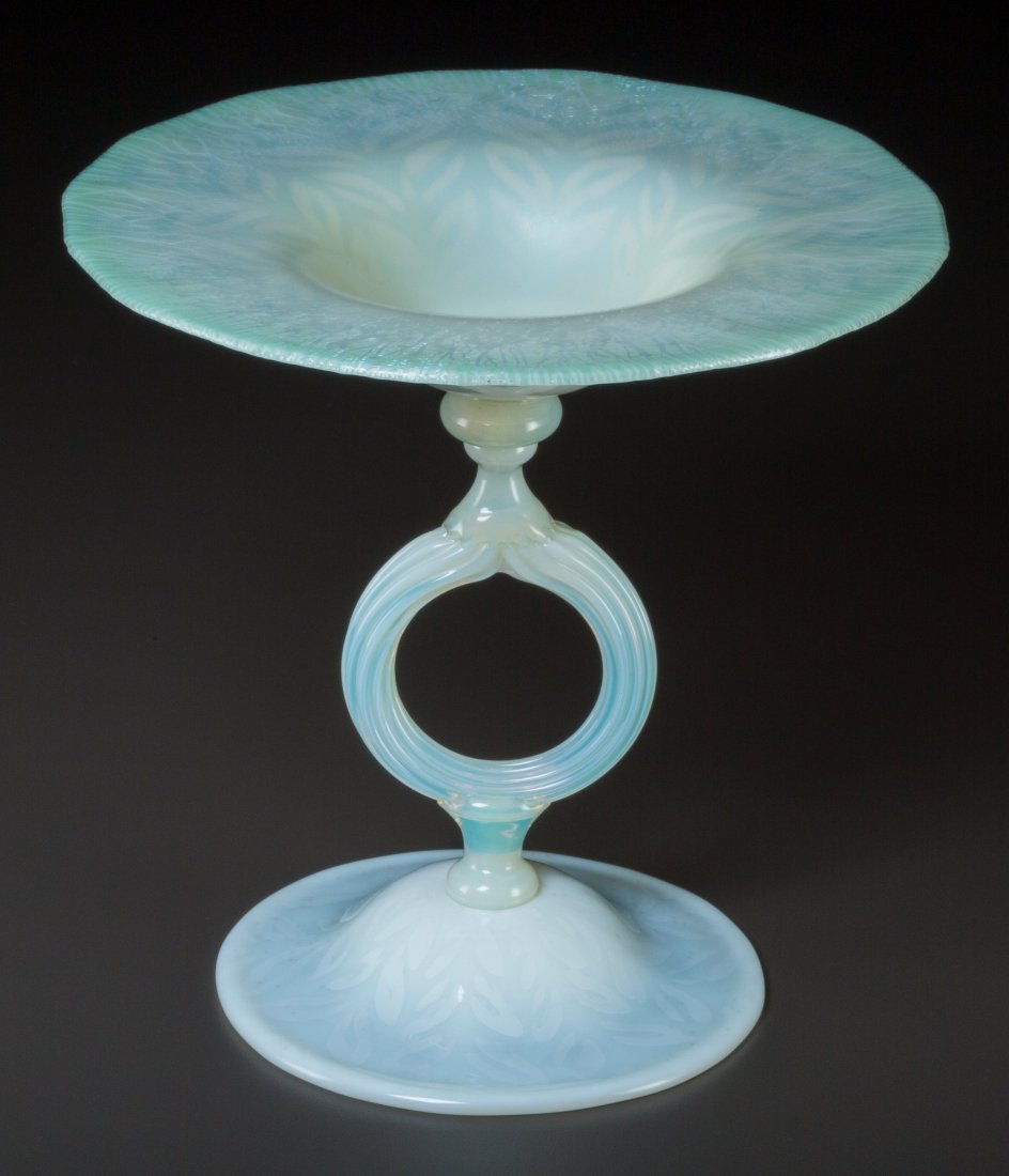 Tiffany Studios Light Green Pastille Glass Compo: Tiffany Studios Light Green Pastille Glass Compote Circa 1900. Engraved L.C.T., 18