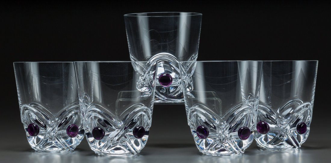 Five Lalique Clear and Purple Glass Floride Tumb: Five Lalique Clear and Purple Glass Floride Tumblers