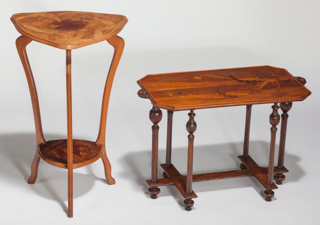 Emile GallÃ© and School of Nancy Marquetry Side : Emile GallÃ© and School of Nancy Marquetry Side Tables Circa 1900-1915. Marks to shorter