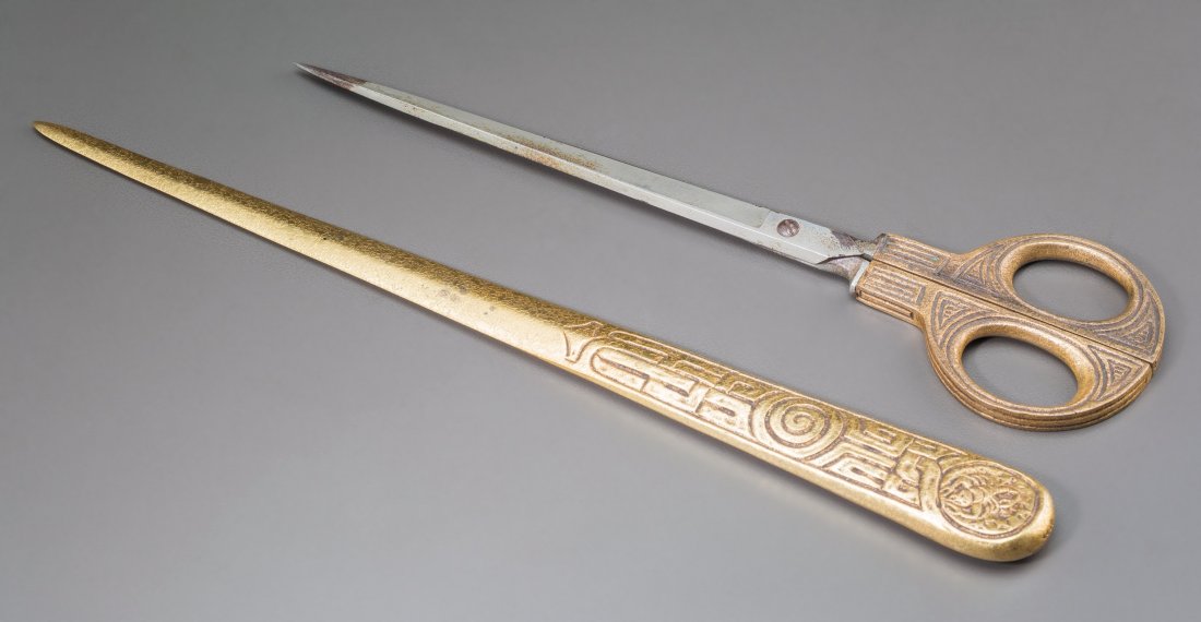 Tiffany Studios Gilt Bronze Zodiac Letter Opener: Tiffany Studios Gilt Bronze Zodiac Letter Opener and Chinese Desk Scissors Circa 1900
