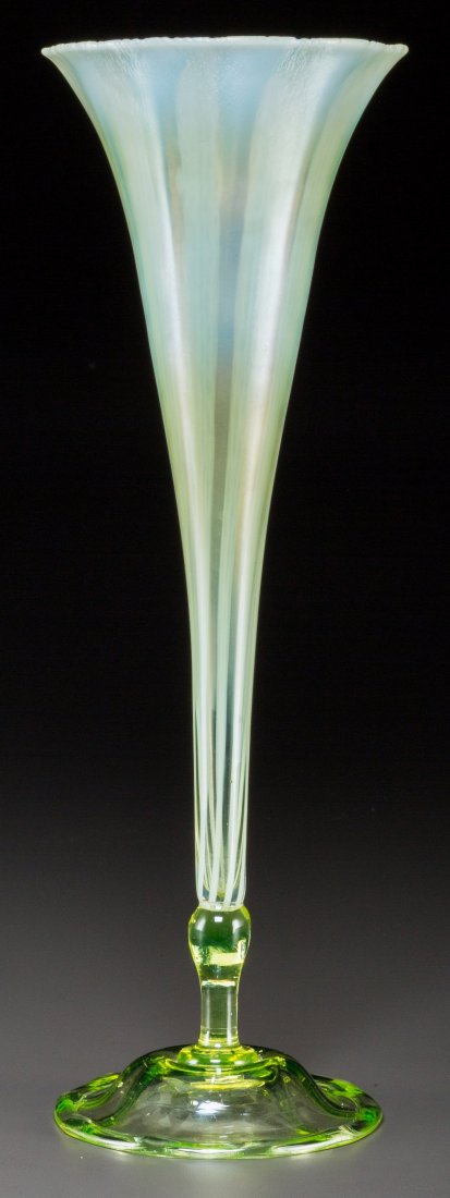 Tiffany Studios Yellow Pastille Glass Trumpet Va: Tiffany Studios Yellow Pastille Glass Trumpet Vase Circa 1910. Engraved L.C. Tiffany - F
