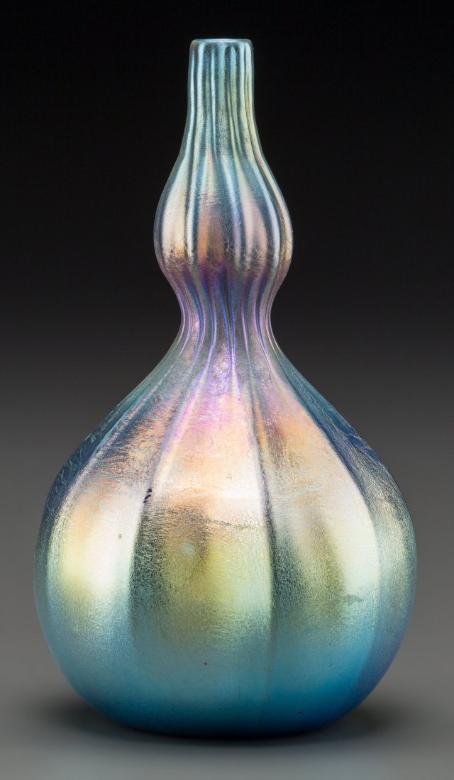 Tiffany Studios Blue Favrile Glass Ribbed Double: Tiffany Studios Blue Favrile Glass Ribbed Double Gourd Vase Circa 1904. Engraved L.C.T.,