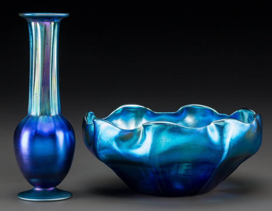 Tiffany Studios Blue Favrile Glass Bowl and Vase: Tiffany Studios Blue Favrile Glass Bowl and Vase Circa 1919. Engraved L.C. Tiffany - Fav