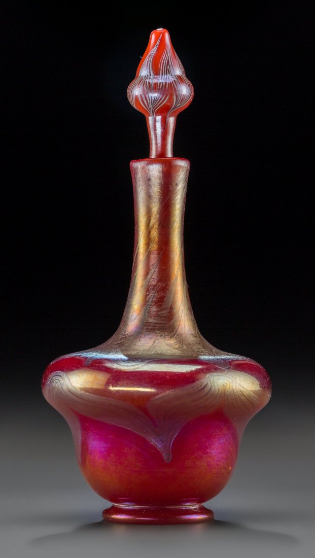 Tiffany Studios Feather-Pulled Red Favrile Glass: Tiffany Studios Feather-Pulled Red Favrile Glass Perfume Circa 1905. Original label to underside