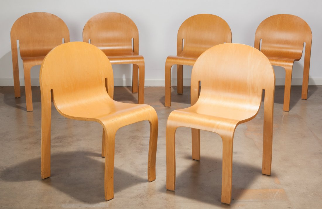 Peter J. Danko (American, 1949) Six Eco-Eden Cha: Peter J. Danko (American, 1949) Six Eco-Eden Chairs, 1982 Ash plywood 32-3