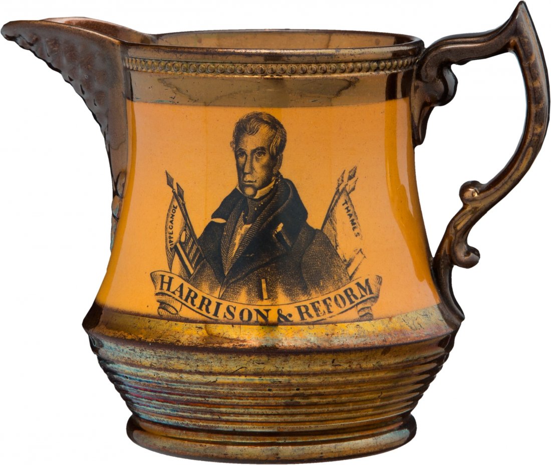 William Henry Harrison: A Very Rare Style of Cop: William Henry Harrison: A Very Rare Style of Copper Luster Creamer. Portrait with flags a