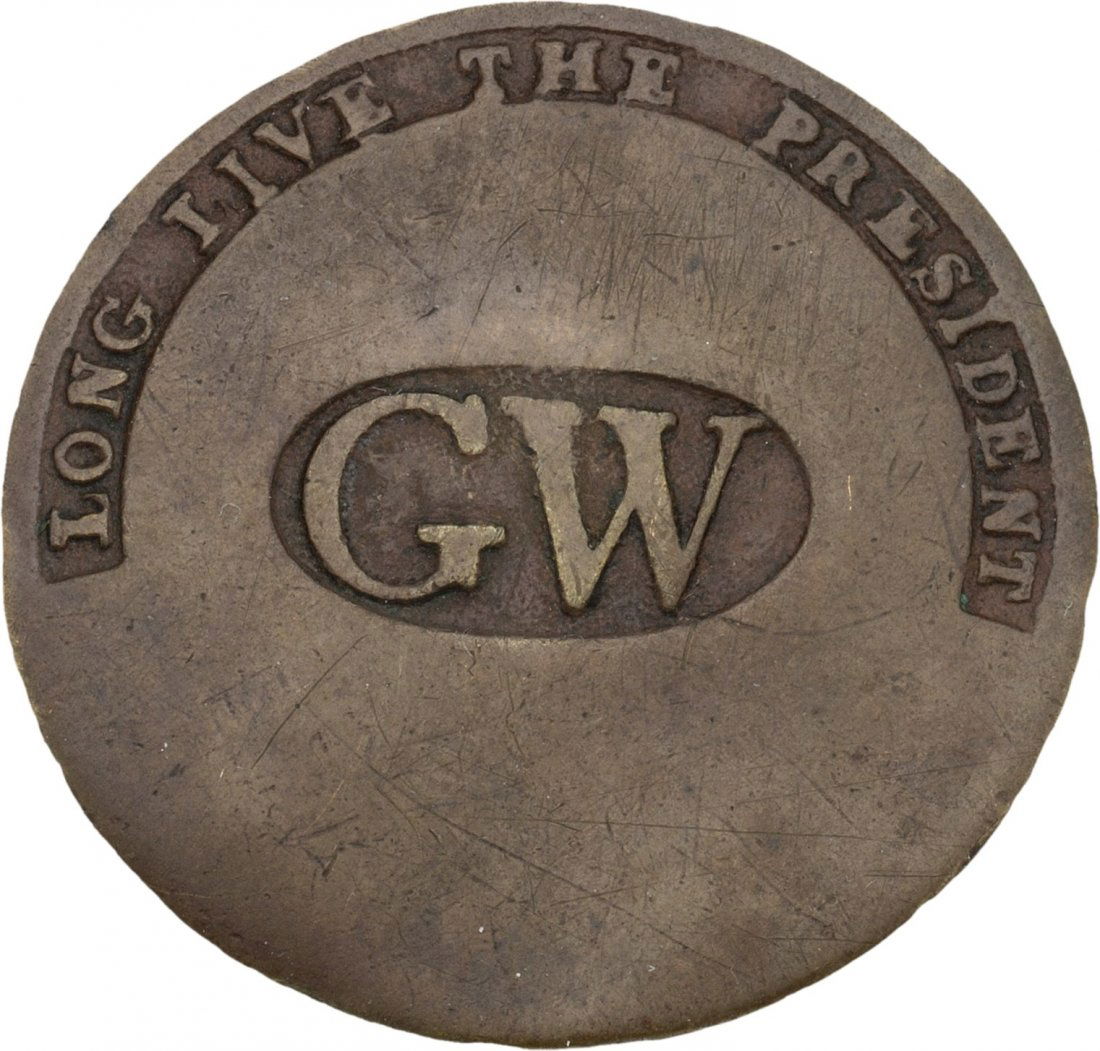 George Washington: "GW in Oval" Inaugural Button: George Washington: "GW in Oval" Inaugural Button. GW-1789-7, Albert WI-11A, brass, 34 mm.