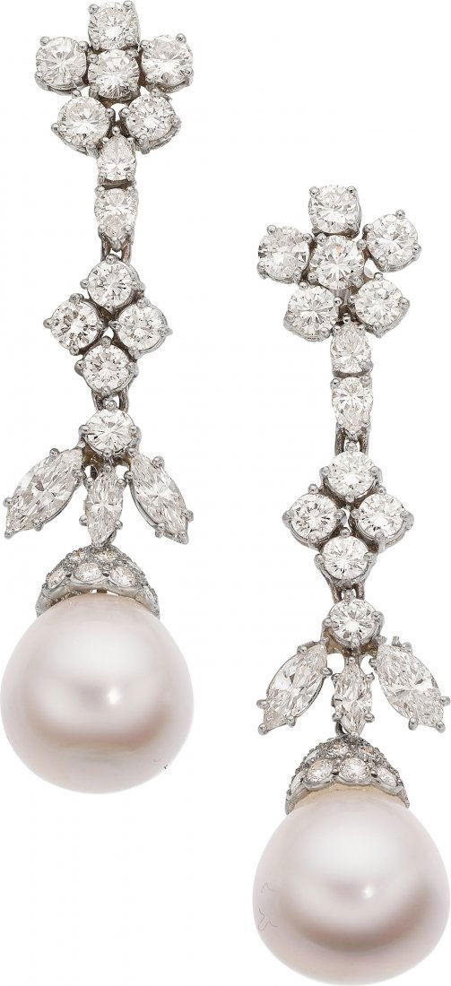 South Sea Cultured Pearl, Diamond, Platinum Earrings  T (1 of 1)