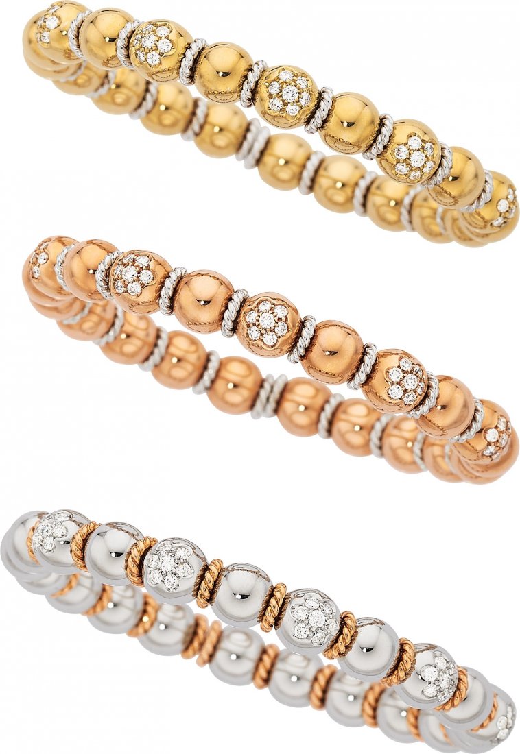 Diamond, Gold Bracelets The lot includes three cuff br: Diamond, Gold Bracelets The lot includes three cuff bracelets: each with full-cut diamonds weighing a total of approximately 1.00 carat; one set in 18k white gold having pink gold accents; one set in