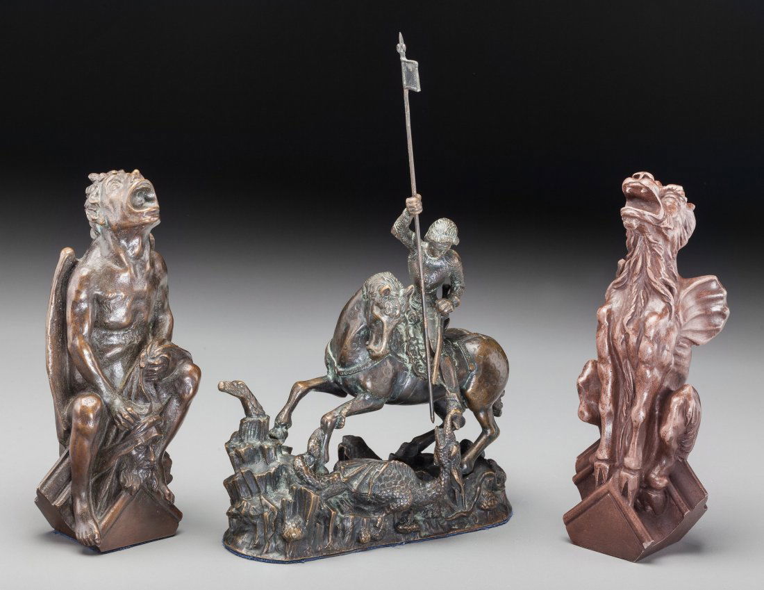 Three Bronze and Resin Sculptures with Gargoyle and Dra (1 of 2)