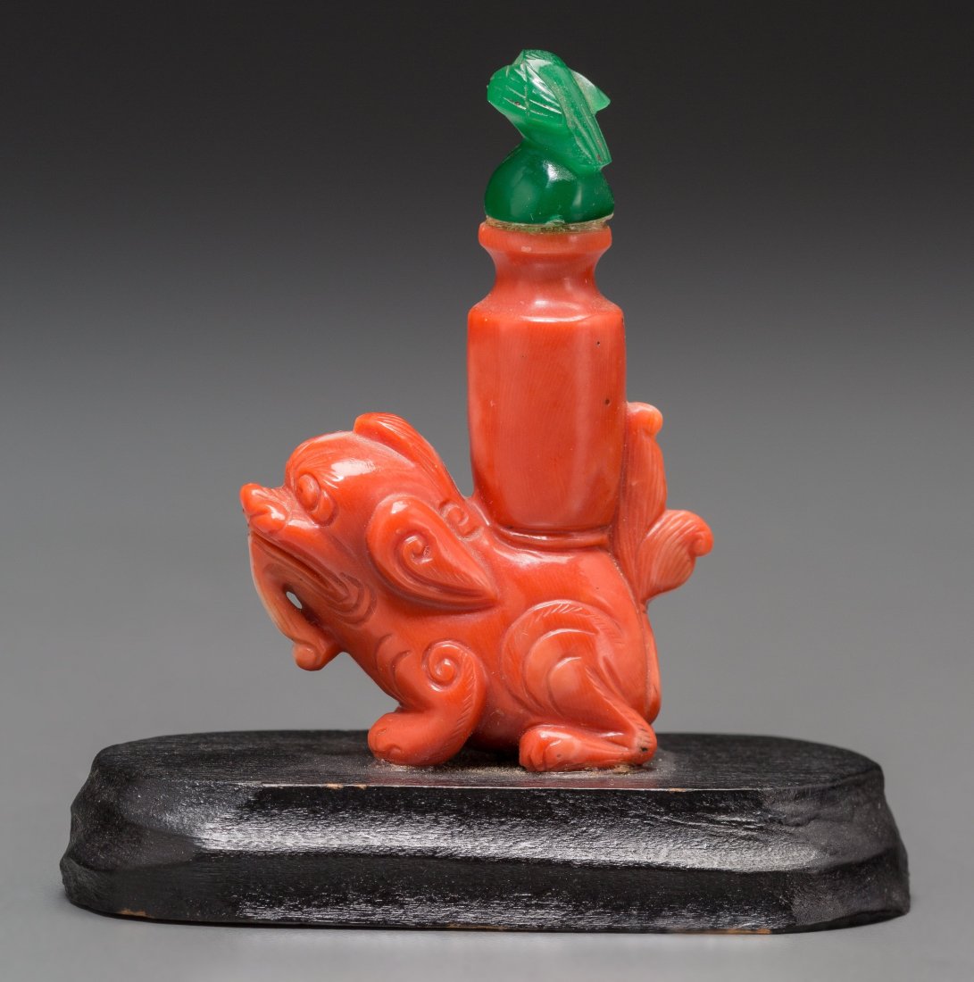 A Chinese Carved Coral and Hardstone Foo Dog-Form Snuff (1 of 2)