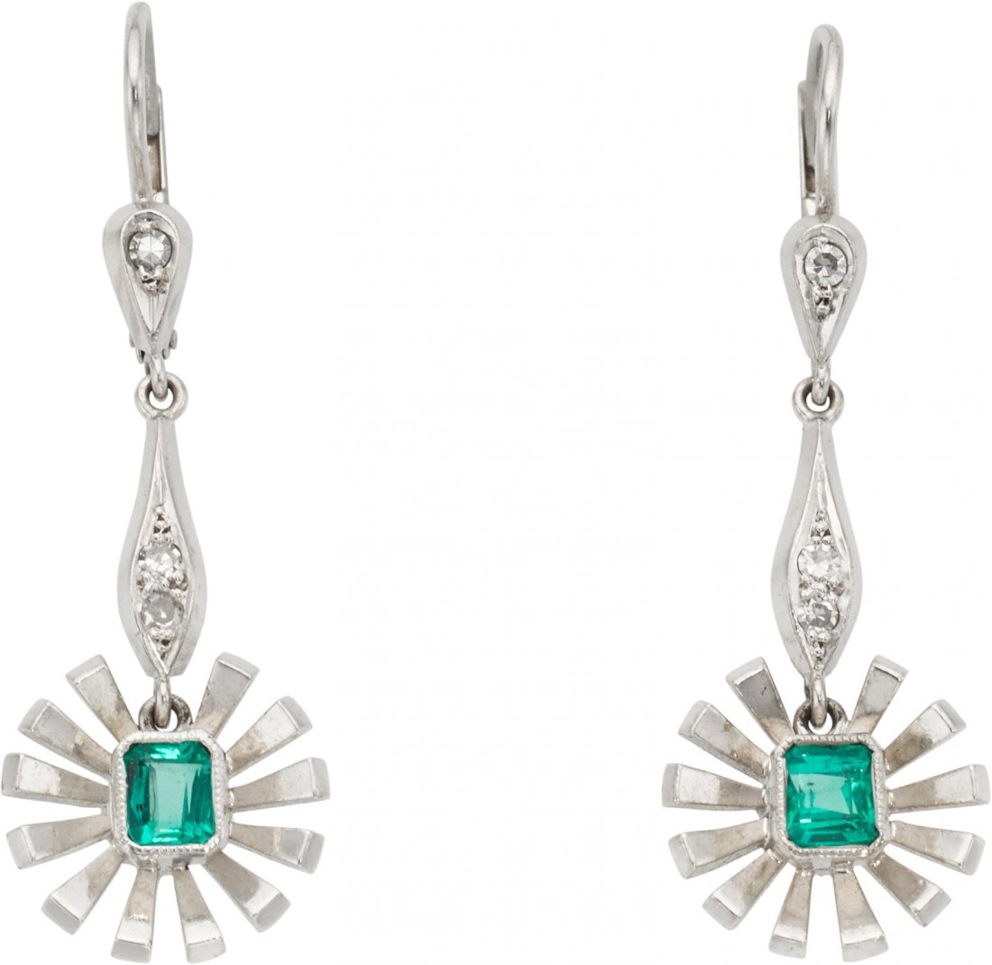 A Pair of Diamond, Emerald, Palladium Earrings DIMENSIO (1 of 1)