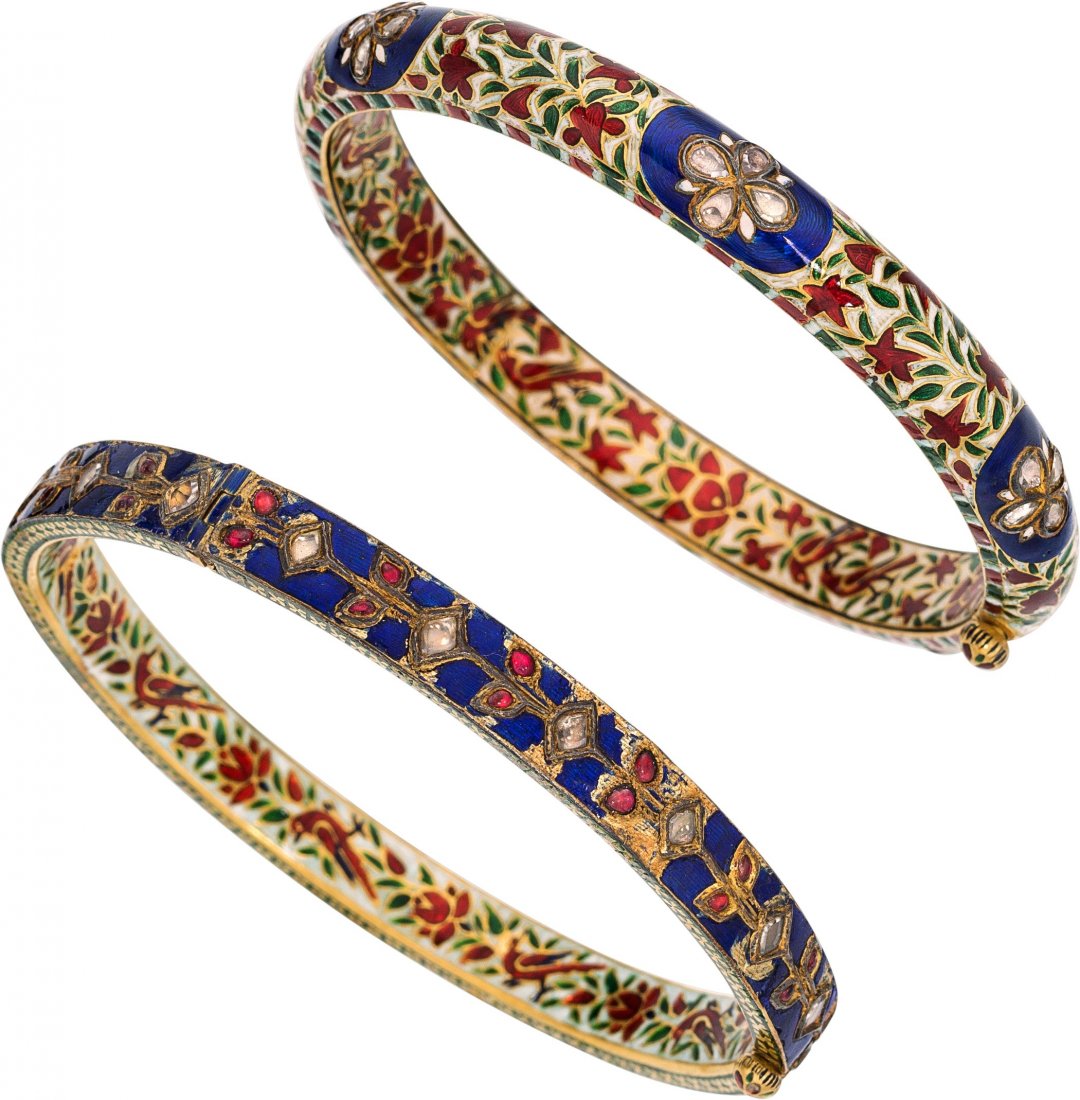 Two Mughal Style White Topaz, Ruby, Enamel, Gold Bracel (1 of 1)