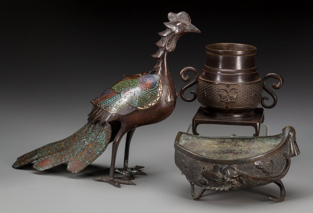 Three Chinese Bronzes: Pheasant, Boat, and Censer 10-1/ (1 of 2)