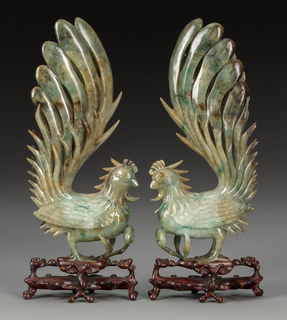 A Pair of Chinese Carved Hardstone Roosters with Stands (1 of 2)